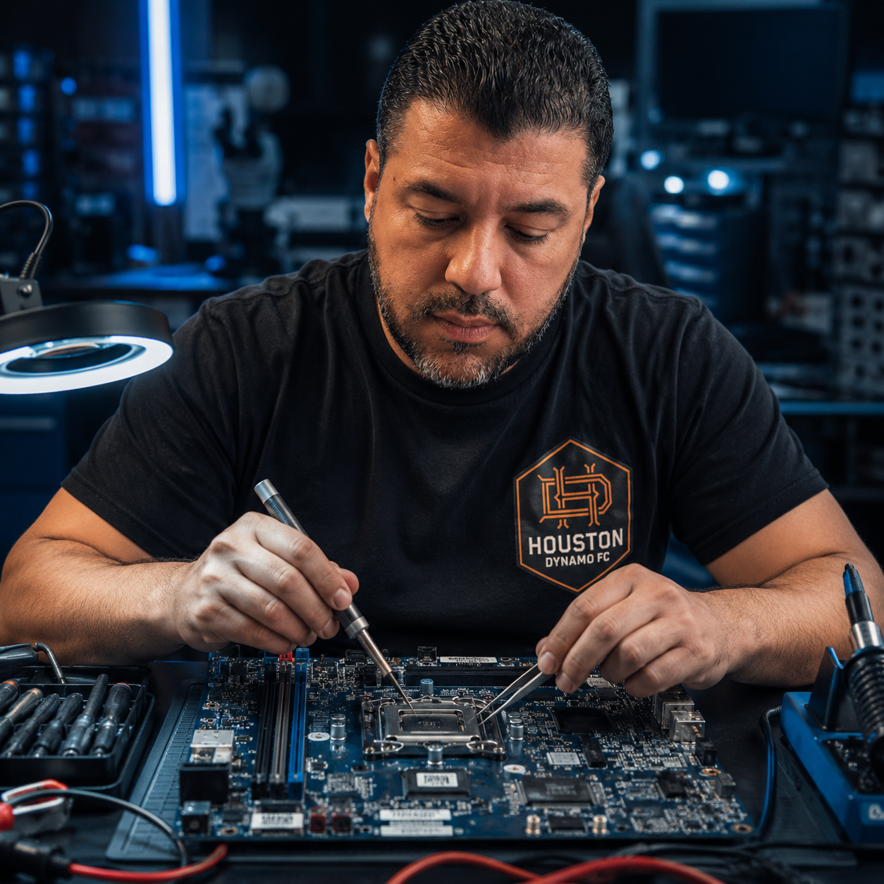 Cellular Plus Services technician repairing a laptop motherboard in Katy, TX