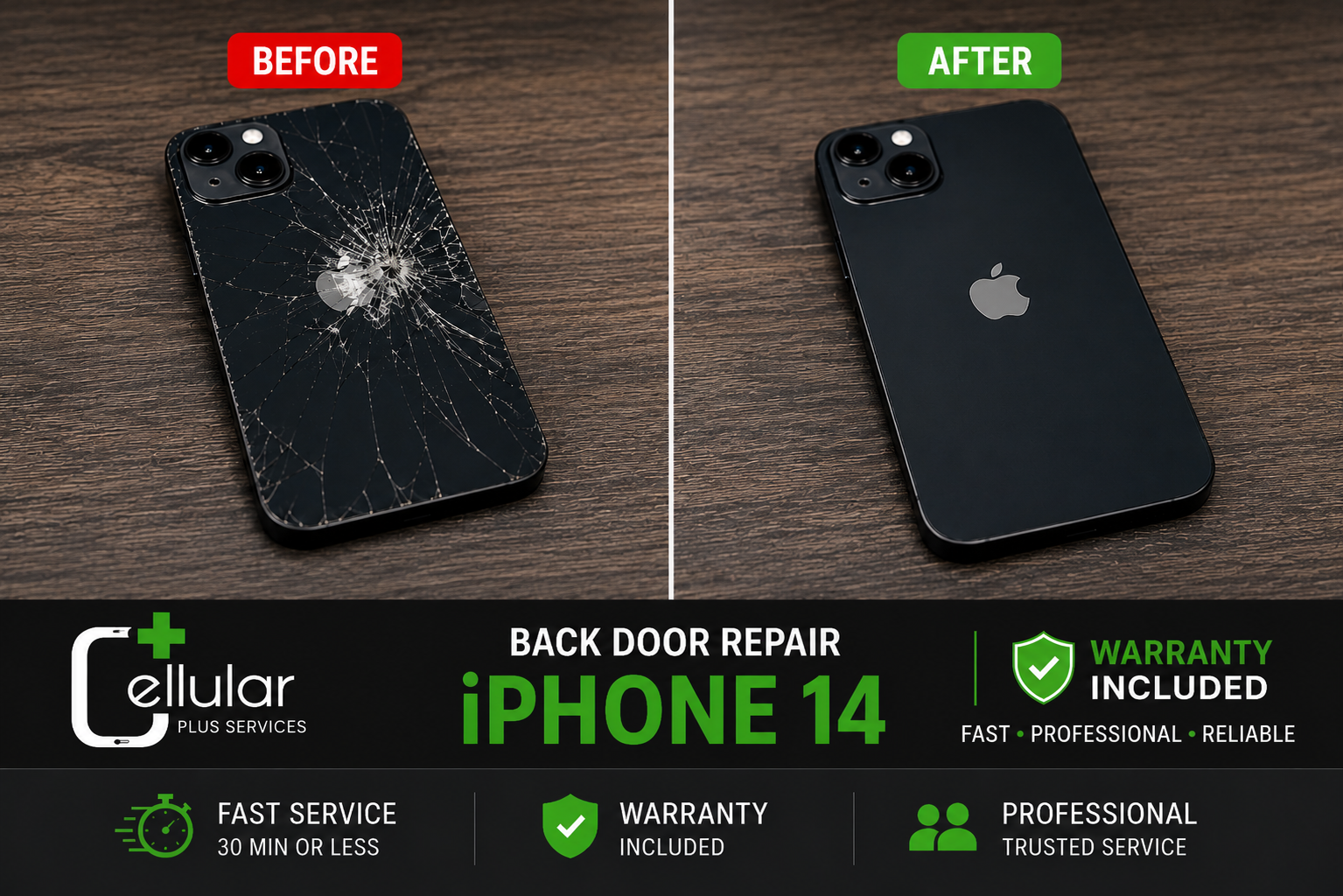 iPhone 14 back door repair — before and after by Cellular Plus Services